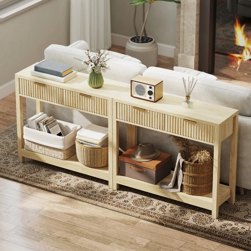 HOMCOM 35" Console Table with Storage, Narrow Entryway Table with Fluted Panel Drawers and Shelf for Hallway, Natural