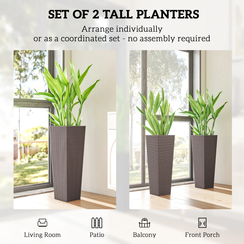 Outsunny 32 Inch Tall Planters for Outdoor Plants, Set of 2 Plastic Flower Pots with Drainage Holes, Brown