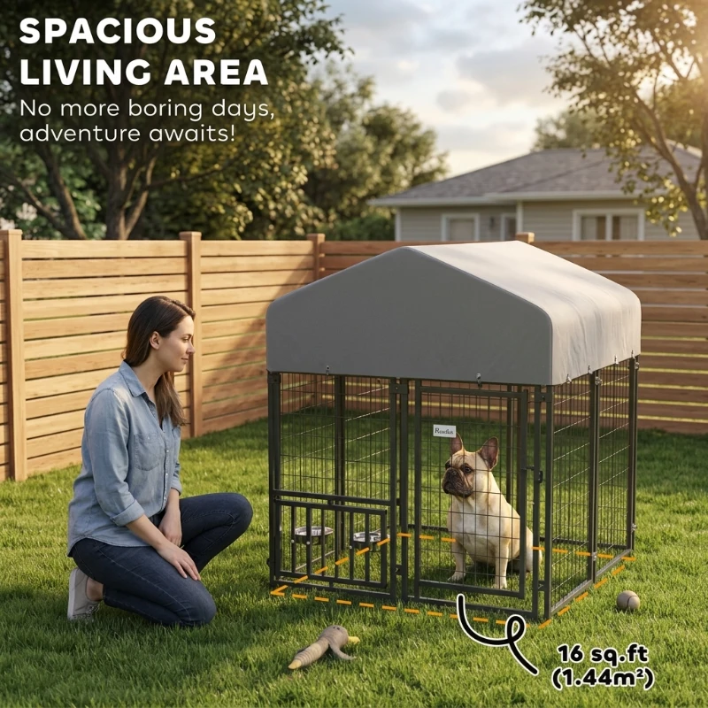 PawHut Welded Wire Outdoor Dog Kennel with 360° Rotating & 4 Levels Adjustable Bowls, Waterproof Cover, 3.9' x 3.9' x 4.5'