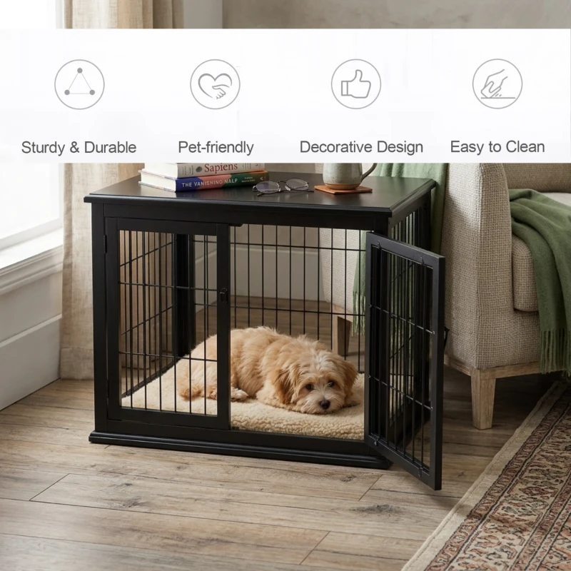 PawHut Dog Crate Furniture, 32" Small Dog Cage End Table with 2 Doors, Lockable Door, Puppy Kennel Indoor, Black