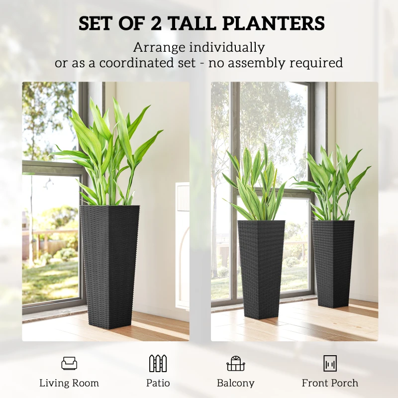Outsunny 32 Inch Tall Planters for Outdoor Plants, Set of 2 Plastic Flower Pots with Drainage Holes, Black