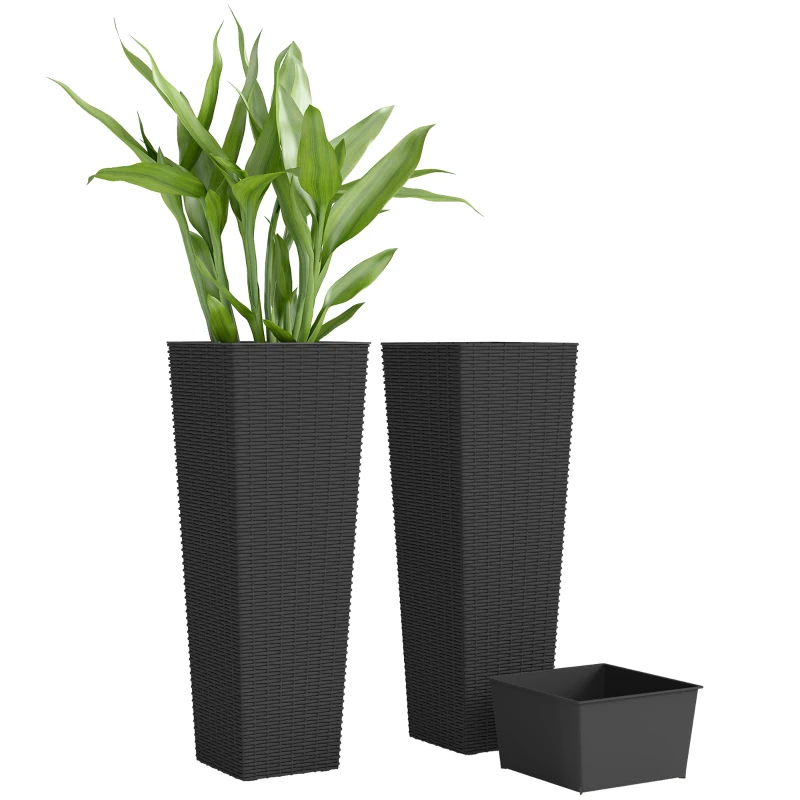 Outsunny 32 Inch Tall Planters for Outdoor Plants, Set of 2 Plastic Flower Pots with Drainage Holes, Black