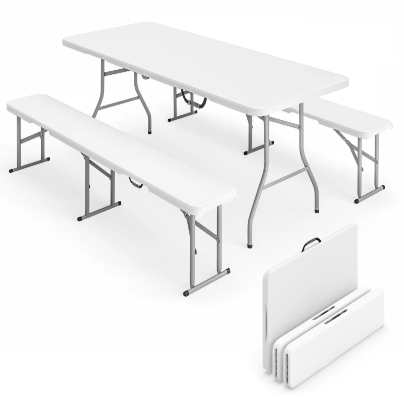 Outsunny 6FT 3-Piece Portable Outdoor Camping Table Bench Set with Carrying Handles, Folding Picnic Table with 2 Benches, White