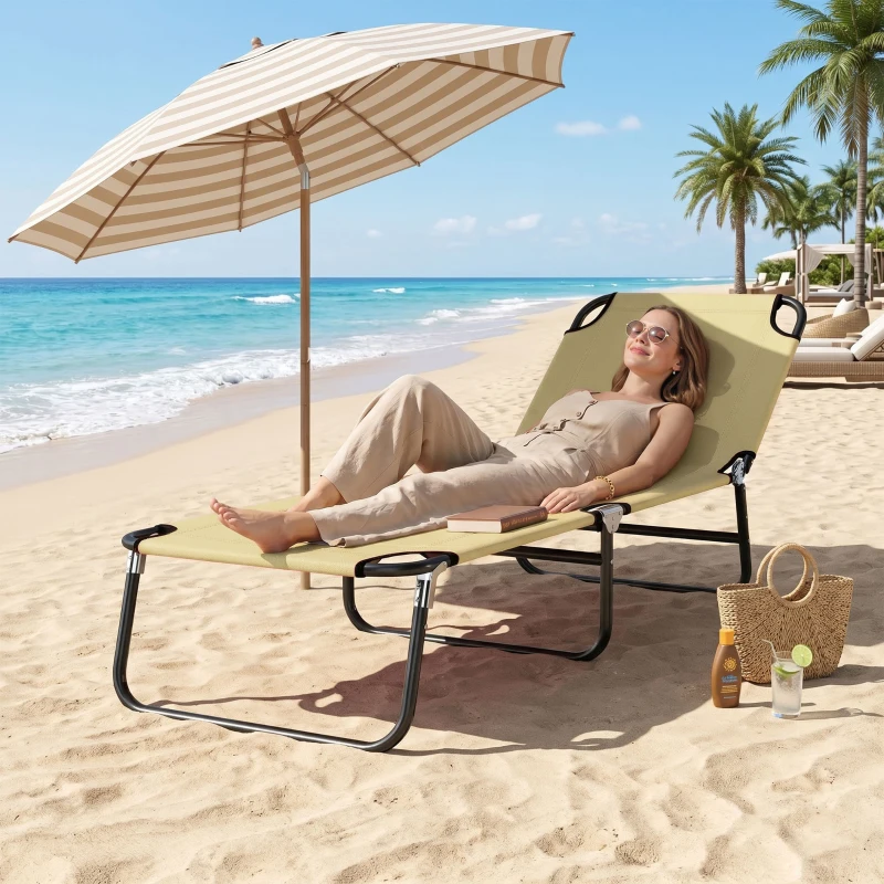 Outsunny Folding Chaise Lounge Pool Chairs, Outdoor Sun Tanning Chairs with 5-Level Reclining Back, Steel Frame for Beach, Yard, Patio, Beige