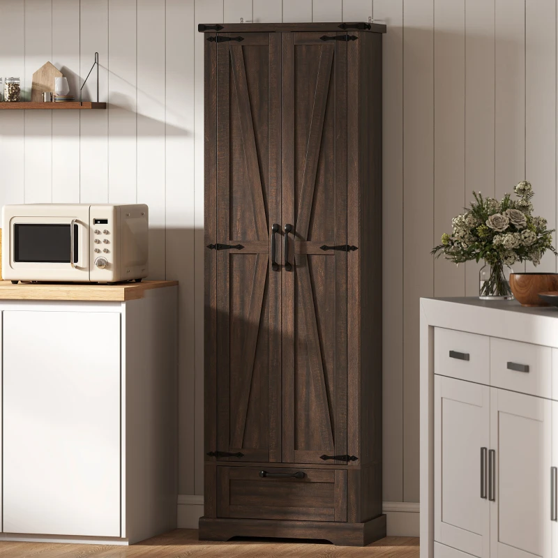 HOMCOM 71" Pantry Cabinet, Kitchen Storage Cabinet with Adjustable Shelves, Barn Doors and Drawer for Dining Room, Brown