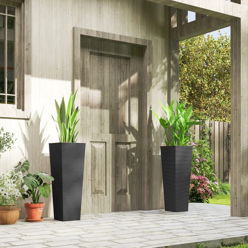 Outsunny 32 Inch Tall Planters for Outdoor Plants, Set of 2 Plastic Flower Pots with Drainage Holes, Black