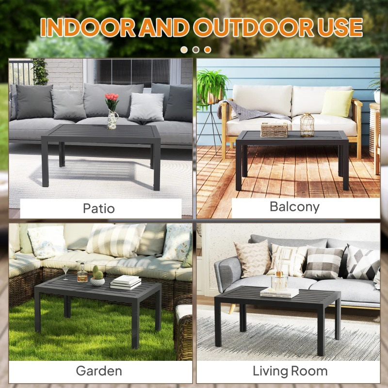 Outsunny Outdoor Coffee Table, Rectangular Patio Table with Steel Frame and Slat Tabletop for Garden, Balcony, Grey