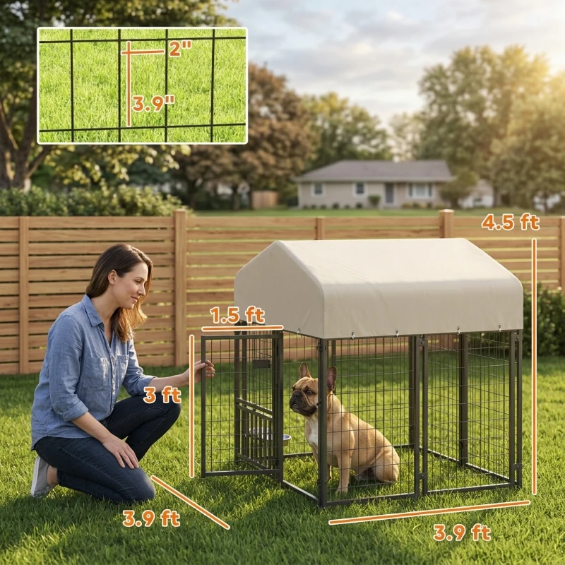 PawHut Welded Wire Outdoor Dog Kennel with 360° Rotating & 4 Levels Adjustable Bowls, Waterproof Cover, 3.9' x 3.9' x 4.5'