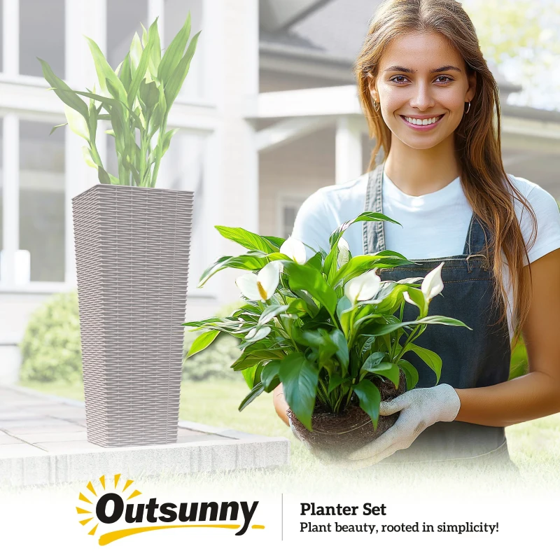 Outsunny 32 Inch Tall Planters for Outdoor Plants, Set of 2 Plastic Flower Pots with Drainage Holes, Brown