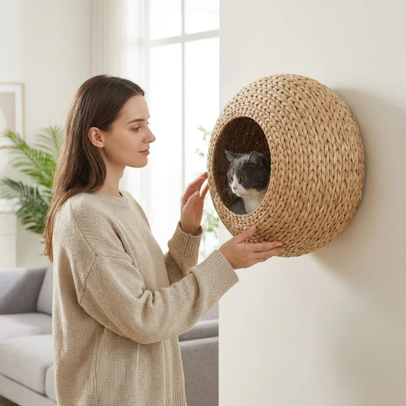 PawHut Wall Mounted Cat Condo with Washable Cushion, Natural Wood