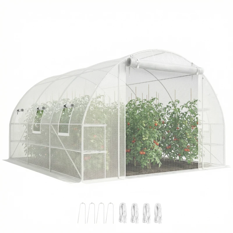 Outsunny 10'x11'x6' Walk-in Tunnel Greenhouse with Shelves, Mesh Door and Windows, Hoop House Greenhouse with PE Cover, White