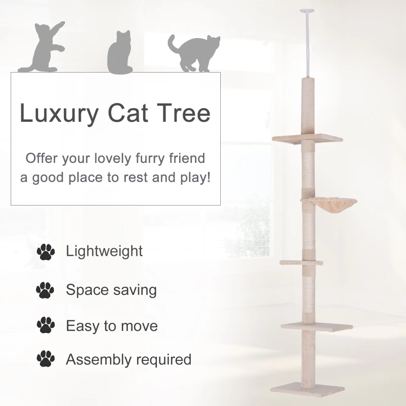 PawHut 102" Adjustable Height Floor to Ceiling Cat Tree, 5 Level Cat Tower with Scratching Posts, Hammock, Beige