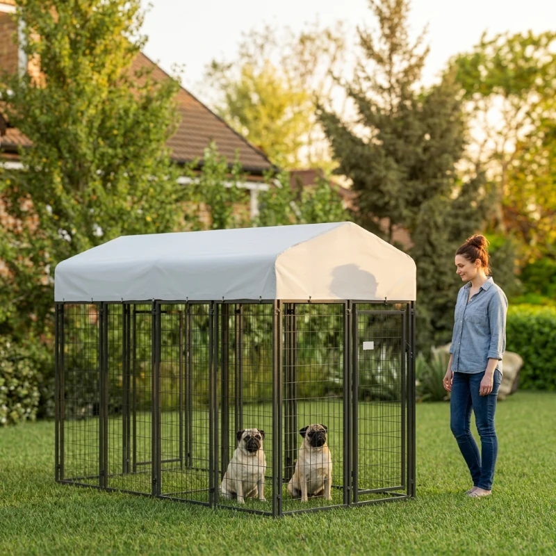 PawHut Outdoor Dog Kennel with Two-Room Design, Water-Resistant & Sun-Proof Cover, for S, M, L Dogs, 8' x 4' x 6'