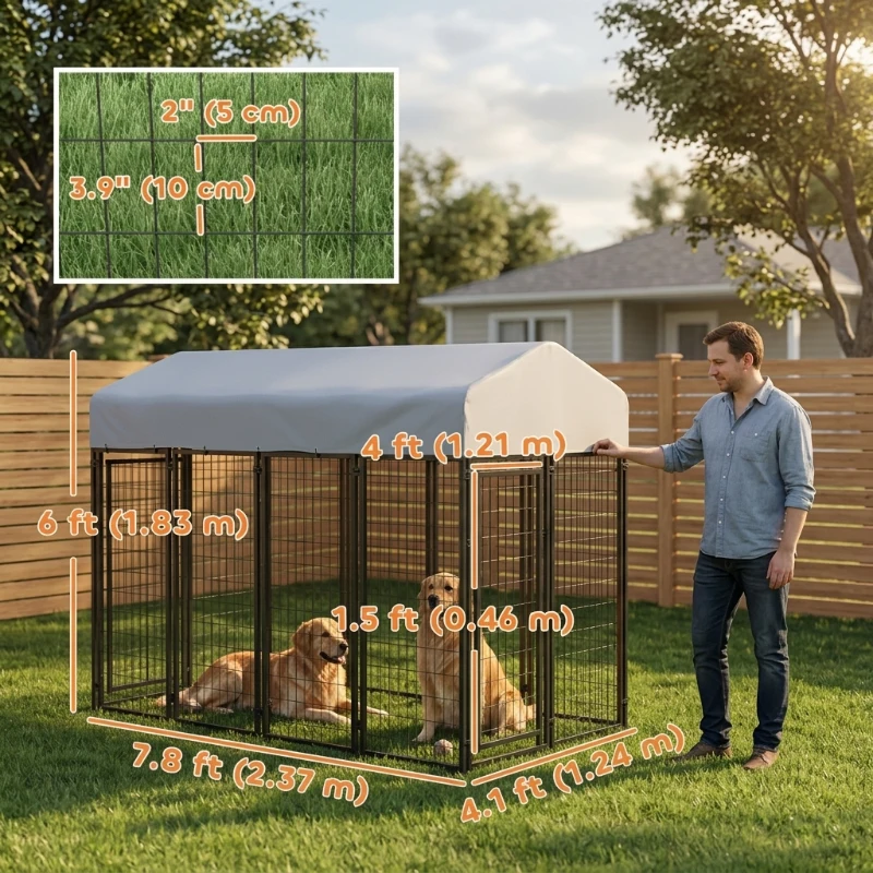 PawHut Outdoor Dog Kennel with Two-Room Design, Water-Resistant & Sun-Proof Cover, for S, M, L Dogs, 8' x 4' x 6'