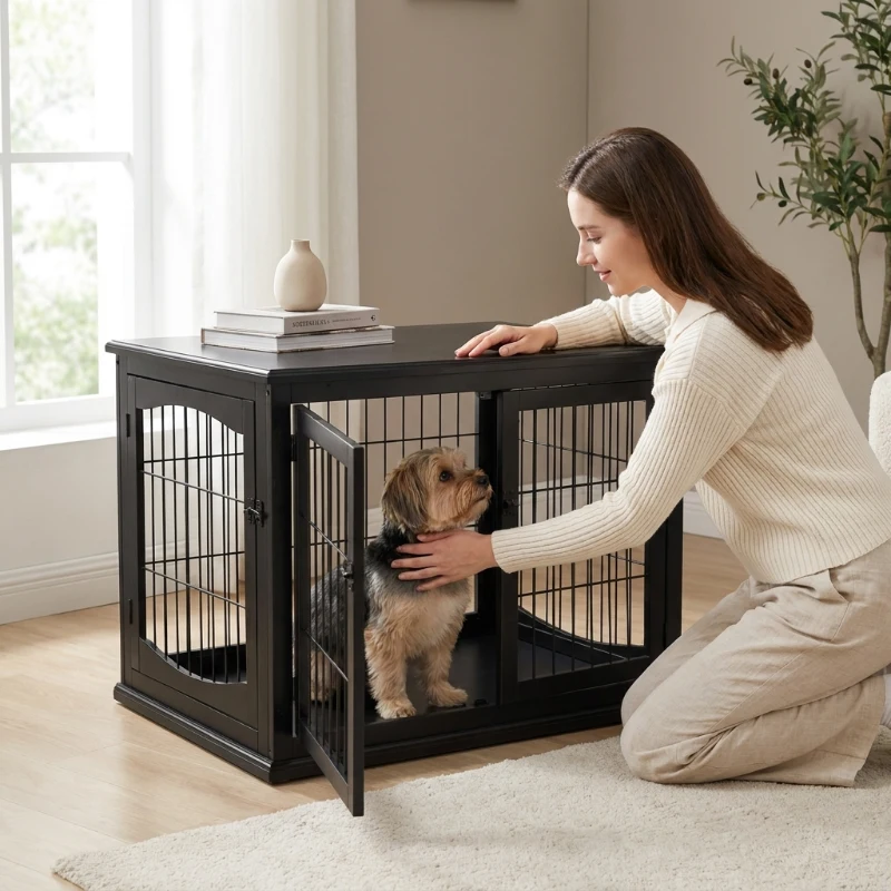 PawHut Dog Crate Furniture, 32" Small Dog Cage End Table with 2 Doors, Lockable Door, Puppy Kennel Indoor, Black