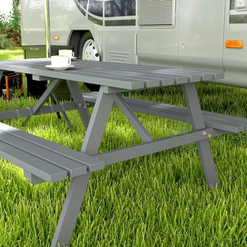 Outsunny Wood Picnic Table, Camping Table and Bench Set with Umbrella Hole for Outdoor, Garden, Patio, Backyard, Grey