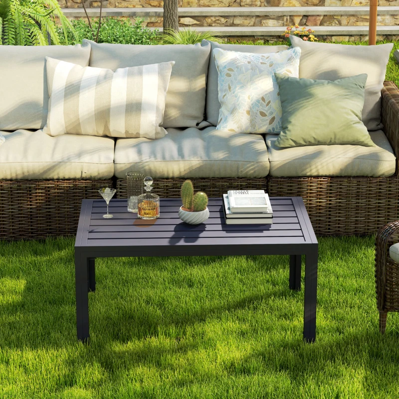Outsunny Outdoor Coffee Table, Rectangular Patio Table with Steel Frame and Slat Tabletop for Garden, Balcony, Grey