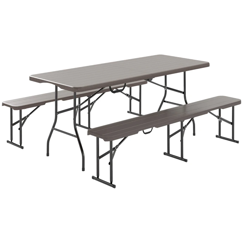 Outsunny 6FT 3PCS Faux Rattan Outdoor Camping Table Bench Set with Carrying Handles, Folding Picnic Table with 2 Benches, Brown