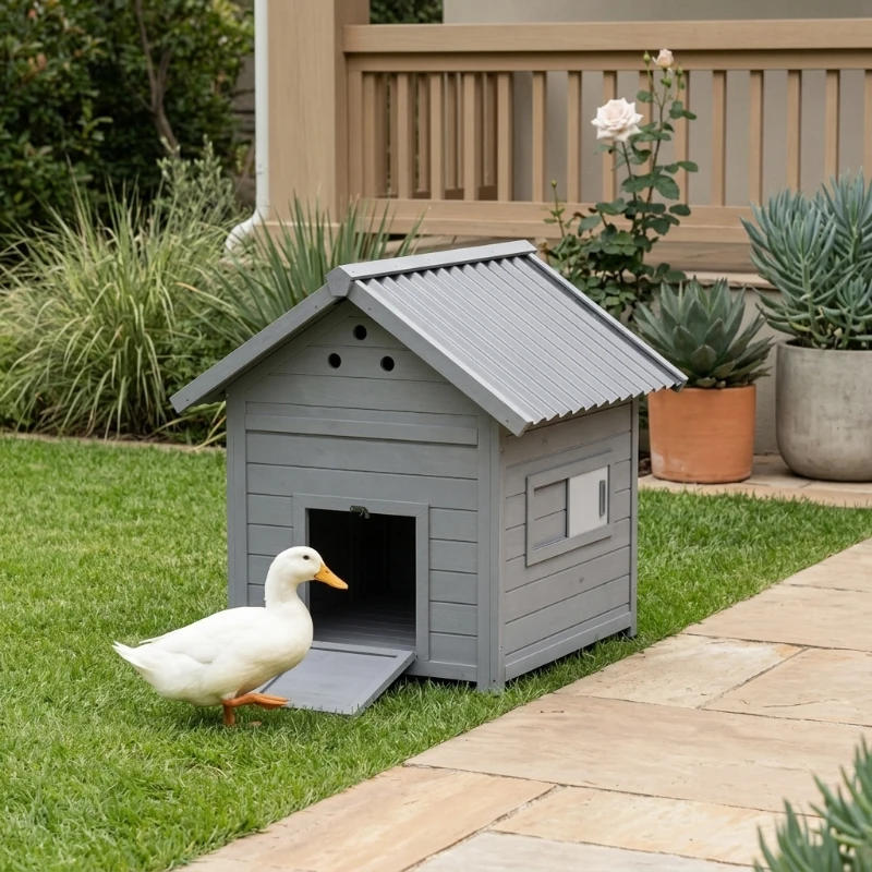 PawHut Duck Coop, Wooden Duck House with Openable Roof & Double Doors, Light Gray
