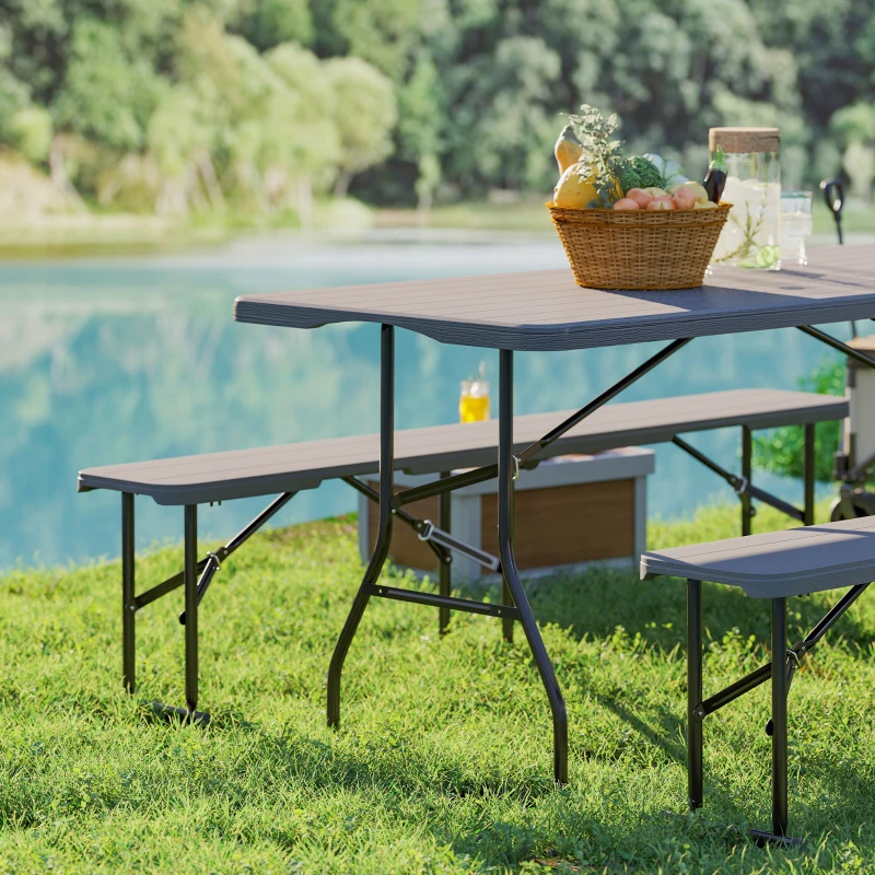 Outsunny 6FT 3PCS Faux Rattan Outdoor Camping Table Bench Set with Carrying Handles, Folding Picnic Table with 2 Benches, Brown
