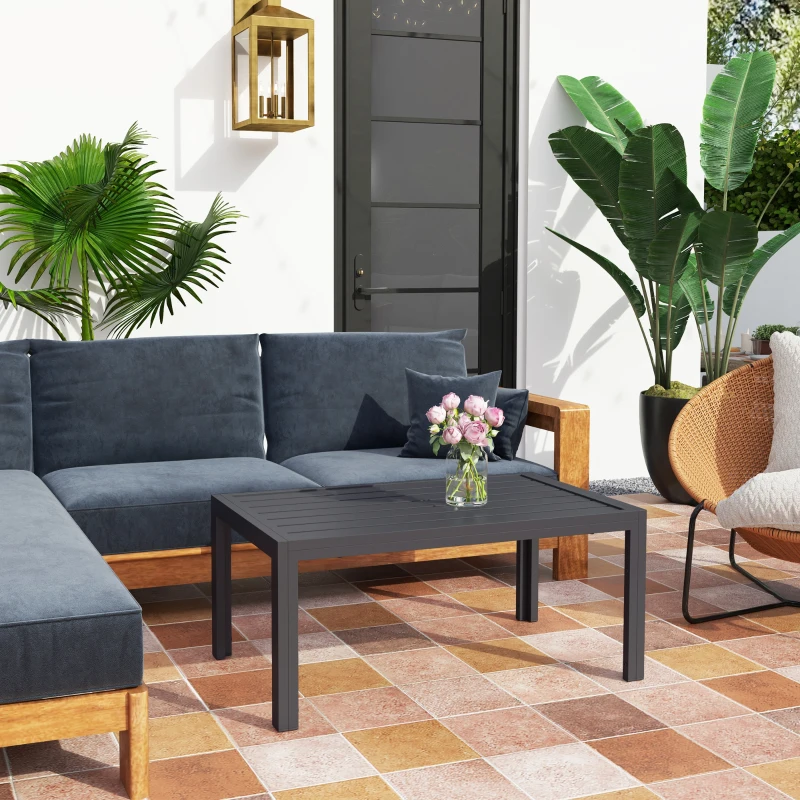 Outsunny Outdoor Coffee Table, Rectangular Patio Table with Steel Frame and Slat Tabletop for Garden, Balcony, Grey