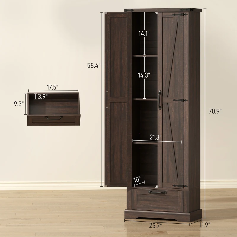 HOMCOM 71" Pantry Cabinet, Kitchen Storage Cabinet with Adjustable Shelves, Barn Doors and Drawer for Dining Room, Brown