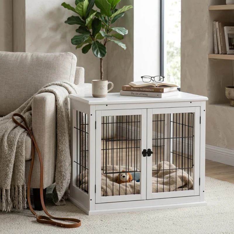 PawHut Dog Crate Furniture, 32" Small Dog Cage End Table with 2 Doors, Lockable Door, Puppy Kennel Indoor, White