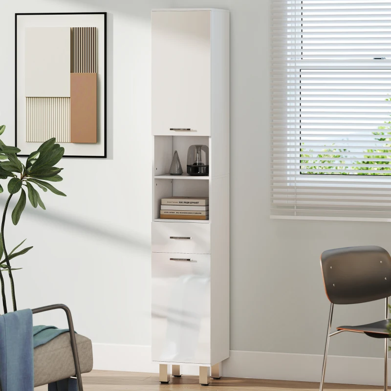 kleankin 71" Tall Bathroom Storage Cabinet, Narrow Linen Tower with Drawer, Open Shelves, 2 Doors Cabinets and Adjustable Shelves, High Gloss White