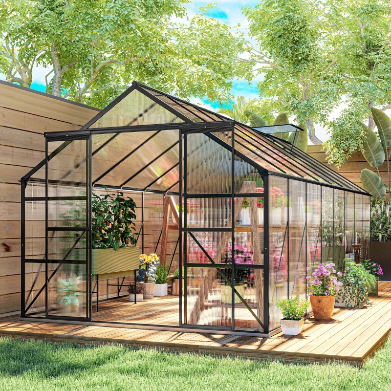 Outsunny Aluminum Greenhouse Polycarbonate Walk-in Garden Greenhouse Kit with Rain Gutter and Sliding Door, 16' x 8', Dark Grey