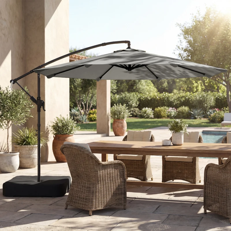 Outsunny 9.6 ft Offset Patio Umbrella with Sandbag, Garden Hanging Banana Cantilever Parasol with 360° Rotation, Grey