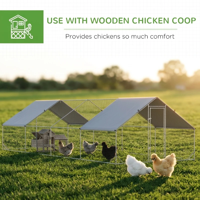 PawHut Large Chicken Coop Metal Chicken Run with Waterproof and Anti-UV Cover, Spire Shaped Walk in Fence Cage Hen House for Outdoor and Yard Farm Use, 1" Tube Diameter, 9.8' x 26.2' x 6.6'(m-6)