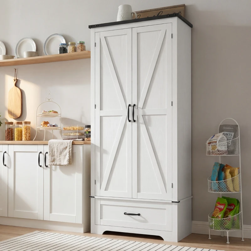 HOMCOM 72" Farmhouse Pantry Cabinet with Adjustable Shelves, Kitchen Pantry Cabinet with 2 Doors, Distressed White