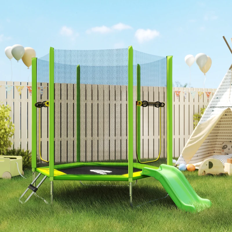 Qaba 85" Trampoline for Kids with Safety Enclosure, Toddler Trampoline with Slide Ladder for Ages 3-6 , Green