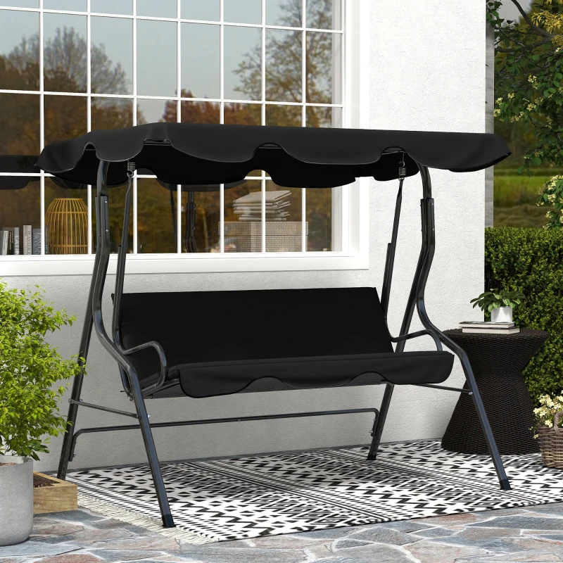 Outsunny Outdoor Porch Swing with Adjustable Canopy, 3-Seater Patio Swing Chair with Cushion, Black