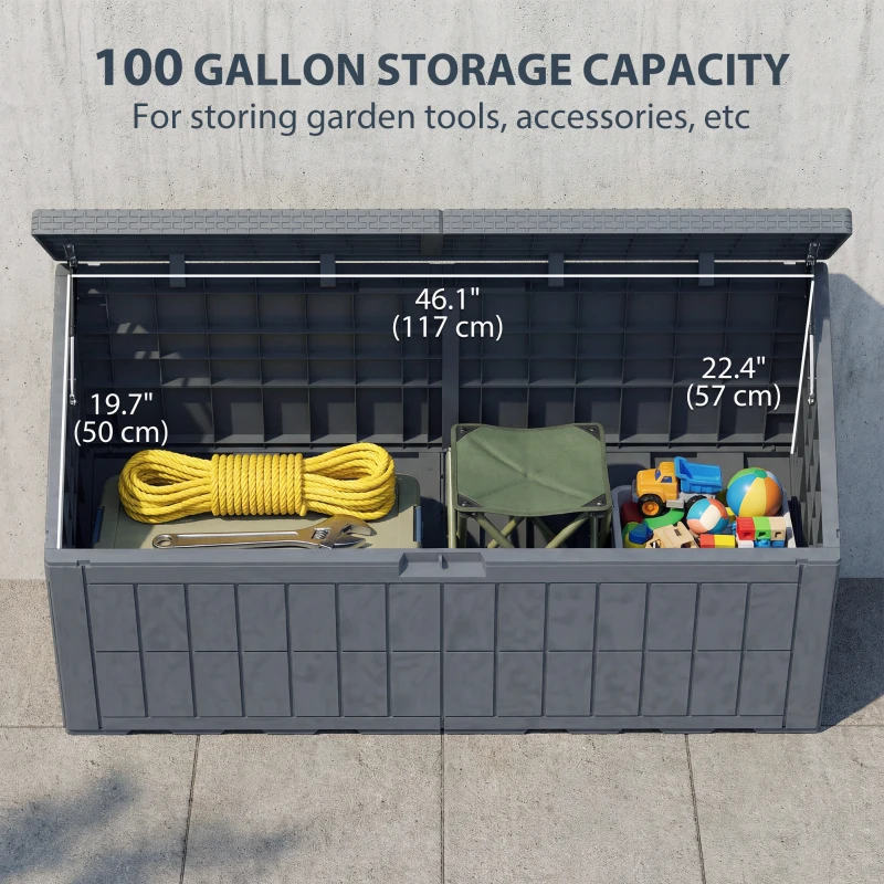 Outsunny 100 Gallon Resin Deck Box, Waterproof Lockable Outdoor Storage Box with Pneumatic Gas Rods, Side Handles