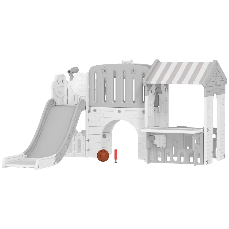 Qaba 7-in-1 Toddler Slide, Kids Slide Climber Playset with Playhouse and Basketball Hoop for 1-4 Years, Grey
