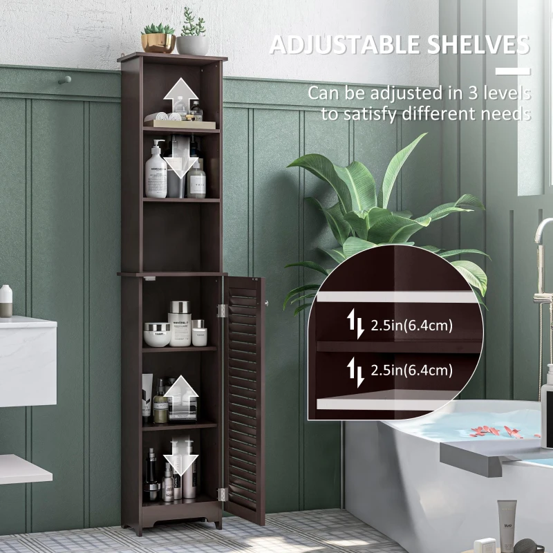 HOMCOM Tall Bathroom Storage Cabinet, Freestanding Linen Tower with 3-Tier Open Adjustable Shelf, Dark Brown