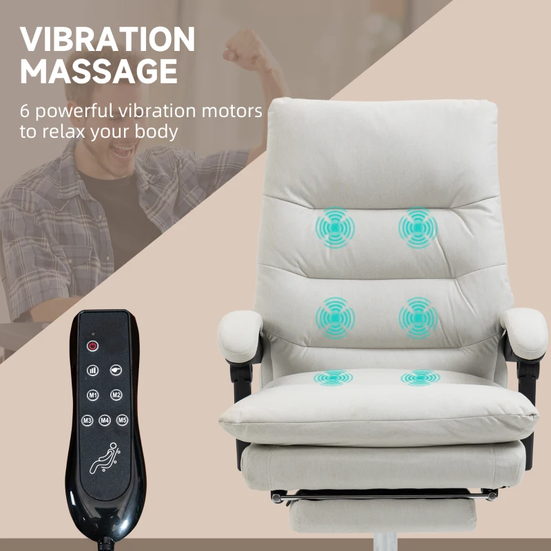 Vinsetto Microfibre Executive Massage Office Chair, Computer Desk Chair, Reclining Chair with Footrest, Double-tier Padding, Swivel Wheels, Cream White