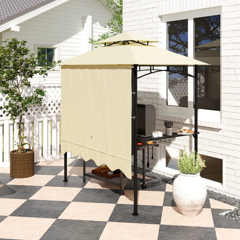 Outsunny 8' x 7.6' Grill Gazebo, Double Tiered Barbecue Grill Gazebo Shelter w/ Side Awning, 2 Side Shelves, 6 Hooks, Beige