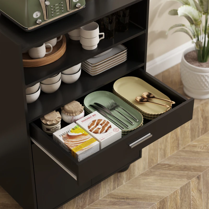 HOMCOM Microwave Cart with Wheels, Microwave Stand with Worktop, Open Shelves and Drawer, Storage Cabinet, Black