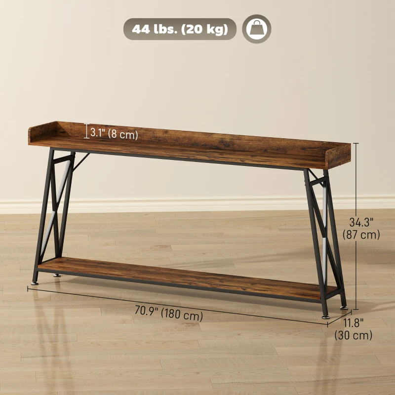 HOMCOM 71" Extra Long Console Table with Storage Shelf and Guardrails, Industrial Entryway Table for Living Room, Rustic Brown