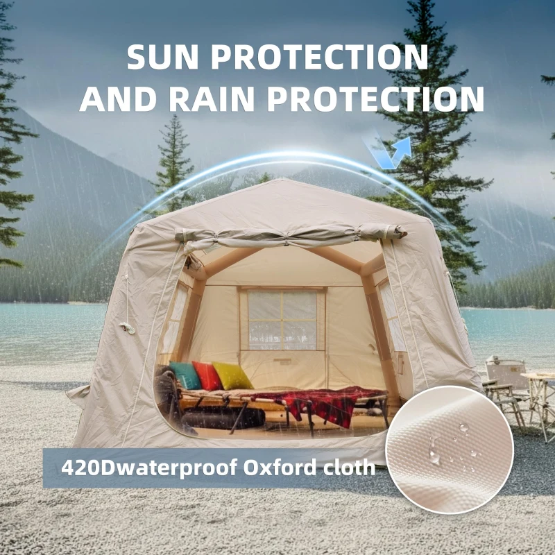 Modern Inflatable Camping Tent with Easy-Setup Blow-Up Design, 4-Season Family Tent for Family Trip, 157.5″ L x 108″ W x 78.5″ H, Beige