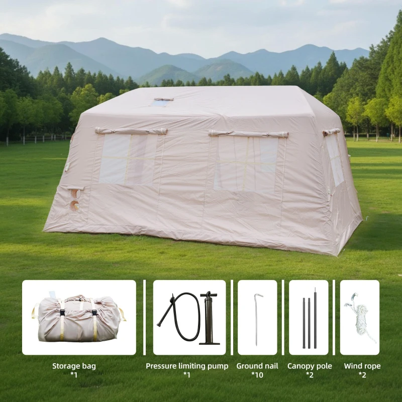 Modern Camping Tent with Quick-Inflate 2-Room Design, 4-Season Waterproof Family Tent with Hand Pump, 157.5″ L x 108″ W x 78.5″ H, Beige