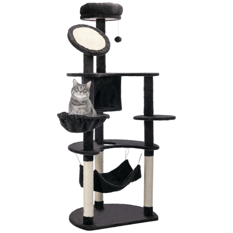 PawHut 60" Multi-Level Plush Cat Tree, Tall Cat Tower with Scratching Posts and 2 Hammocks, Dark Grey