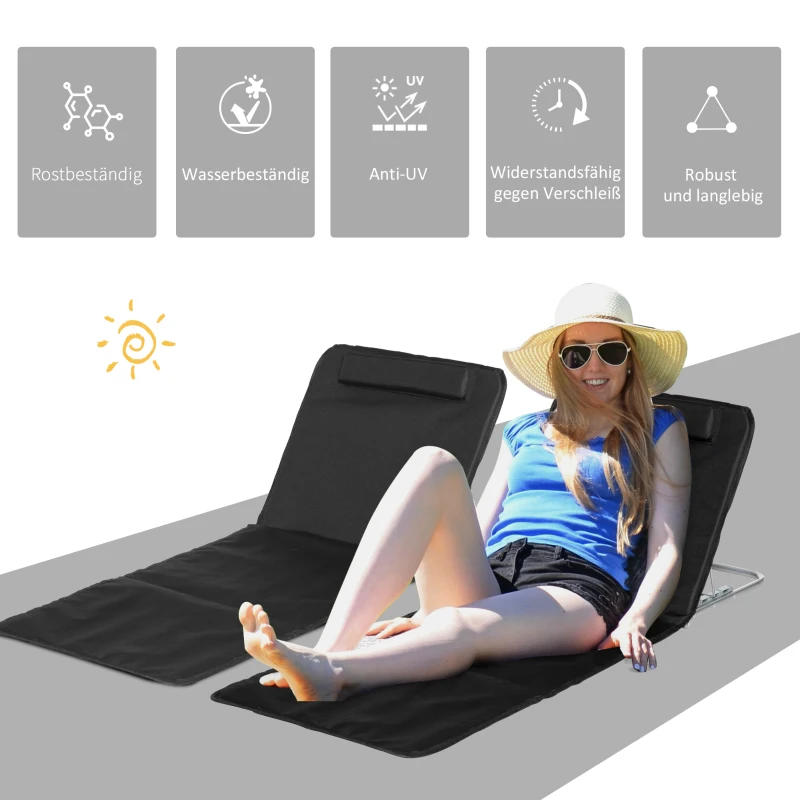 Outsunny 2 Pieces Beach Lounge Chair, Outdoor Folding Chaise Lounge Set w/ Pillow for Sunbath, Snap, Beige