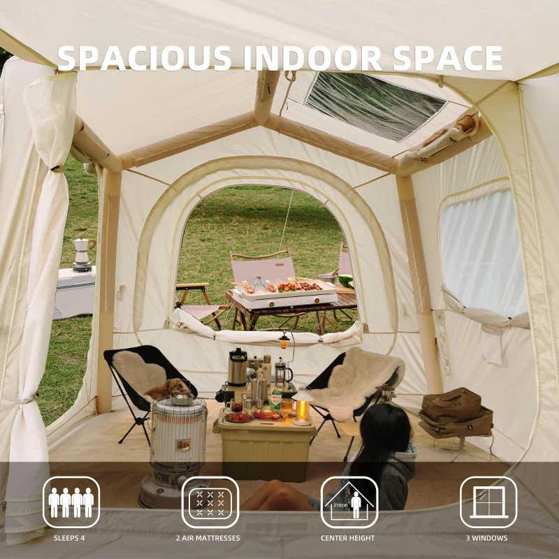2-In-1 Inflatable Camping Tent with PU3000mm Waterproof, Sturdy Oxford Tent for 4-6 Person, 118″ L x 98.5″ W x 83″ H, Beige