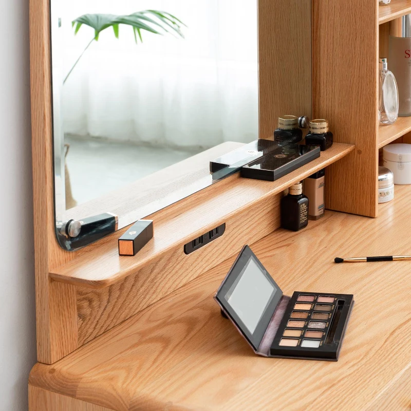 Modern Makeup Vanity Set with Rectangle Mirror and Drawers, Spacious Dressing Table Set for Bedroom, 35.5″ L x 15.5″ W x 29.5″ H, Oak