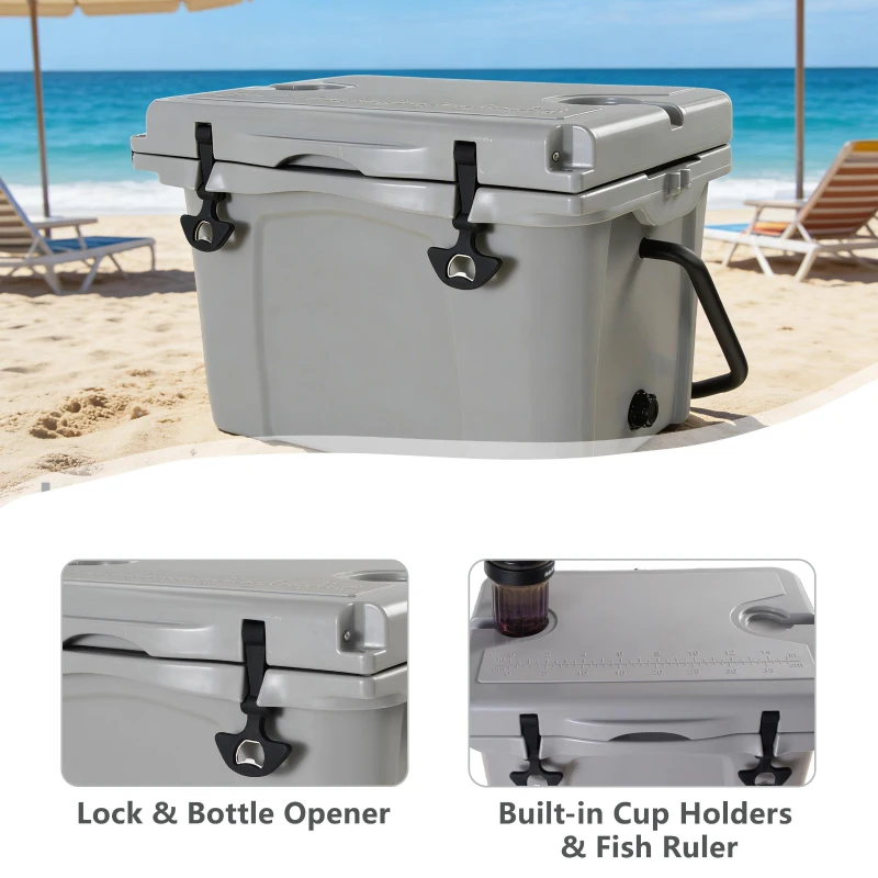 Insulated Portable Cooler with Impact-Resistant Hard Shell, Outdoor Ice Chest for Extended Travel, 21.5″ L x 15.5″ W x 15.5″ H, Grey