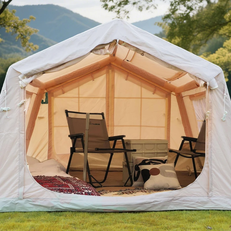 Upgrade Inflatable Camping Tent with Higher Sidewalls, 4-Season Waterproof Family Tent with Stove Jack, 126″ L x 98.5″ W x 82.5″ H, Beige