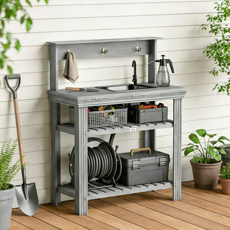 Outsunny Outdoor Potting Bench Table with Faucet, Removable Sink, Hooks and Storage Shelves, Wood Work Bench Workstation, Grey